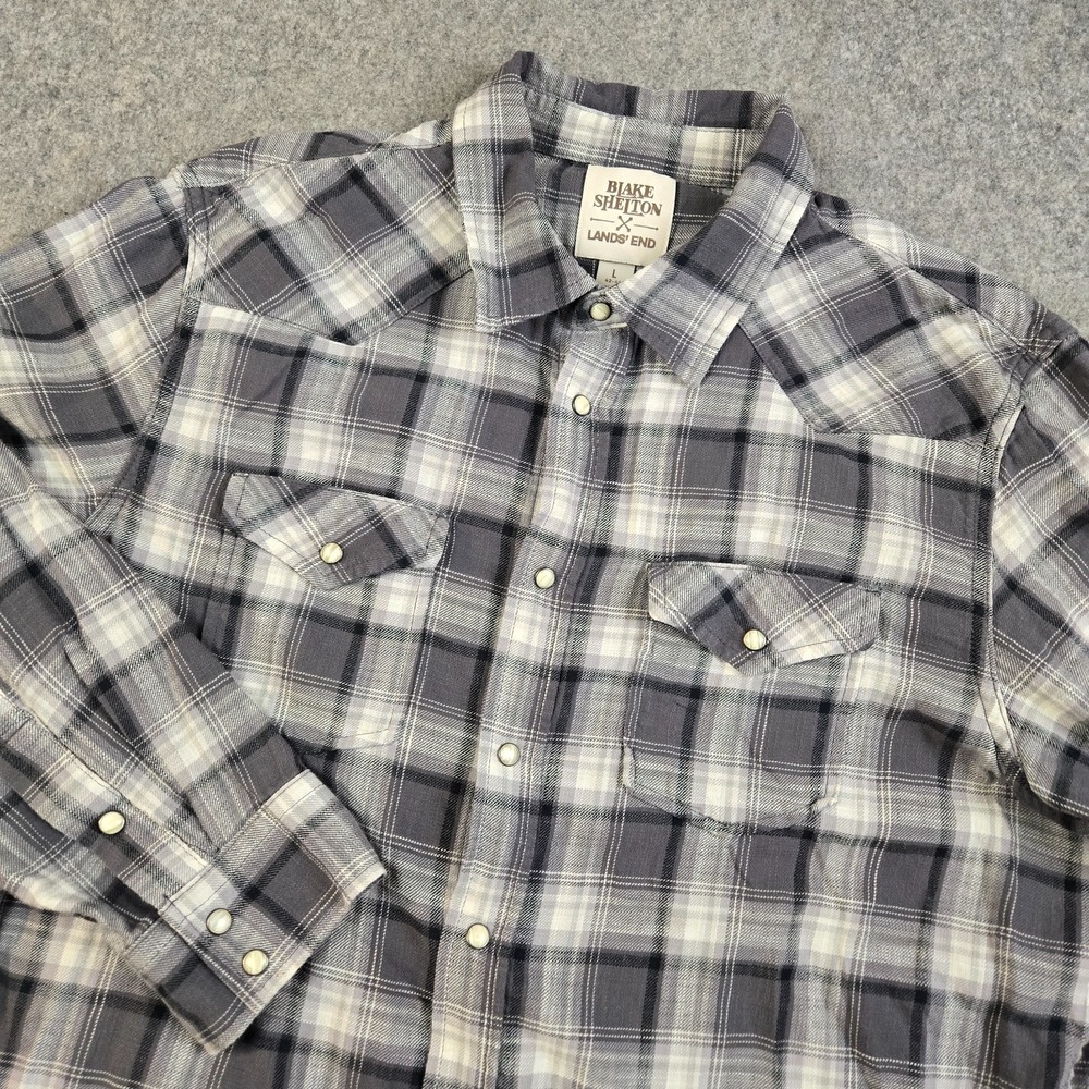 Lands End x Blake Shelton Flannel Shirt Mens L Gray‎ Western Pearl Snap Country